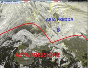 Immagine satellitare relativa alle 13.25 di oggi pomeriggio, visibile l'impulso instabile sul nord est europa accompagnato da un ammasso di nuvolosità che gradualmente scende verso sudest toccando le regioni settentrionali Italiane.