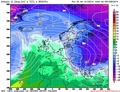 Modello GFS elaborato dal nostro Centro di Calcolo - Temperature a 850 hPa alle 06Z del 13 dicembre 2016