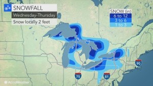 Accumuli di neve previsti secondo Accuweather nella zona dei Grandi Laghi fra Mercoledi e Giovedi, notare come le aree più colpite risultino le coste poste a sudest evidenziate in blu scuro. Fonte : http://www.accuweather.com/en/weather-news/whiteout-conditions-to-ensue-as-feet-of-lake-effect-snow-blast-parts-of-northeastern-us/70000244