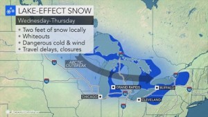 Traiettoria delle precipitazioni nevose previste da Accuweather per Mercoledi e Giovedi. Fonte : http://www.accuweather.com/en/weather-news/whiteout-conditions-to-ensue-as-feet-of-lake-effect-snow-blast-parts-of-northeastern-us/70000244