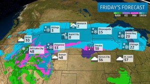 Avviso emesso per la giornata di Venerdi. Le aree indicate in verde è dove è prevista pioggia,Le aree in rosa possono vedere sia pioggia o neve. Le aree in viola possono vedere nevischio o pioggia gelida. Fonte : https://weather.com/storms/winter/news/winter-storm-decima-forecast-northwest-rockies-midwest-east