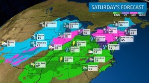 Avviso emesso per la giornata di Sabato. Le aree indicate in verde acqua più scura hanno le migliori possibilità di neve. Le aree in rosa possono vedere sia pioggia o neve. Le aree in viola possono vedere nevischio o pioggia gelida. Fonte : https://weather.com/storms/winter/news/winter-storm-decima-forecast-northwest-rockies-midwest-east