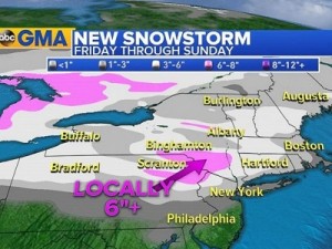 Accumuli di neve previsti fra Venerdi e Domenica sulle aree nordorientali Americane. Fonte : http://abcnews.go.com/US/winter-storm-wallop-midwest-northeast-snow-ice-arctic/story?id=44236691