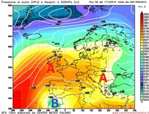 Configurazione presente a 500hpa questo pomeriggio elaborata dal modello GFS06, visibile l'influenza dell'alta pressione su tutto il continente e la presenza di una circolazione depressionaria isolata sul Marocco.