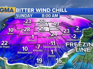 Temperature percepita previste per la mattinata di domenica nel Midwest Americano, spiccano  i -49°C  su Minneapolis. Fonte: http://abcnews.go.com/US/winter-storm-wallop-midwest-northeast-snow-ice-arctic/story?id=44236691