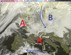 Scatto satellitare relativo alla giornata di oggi, dove si può apprezzare la discesa di un nocciolo di aria più fredda dalla Scandinavia, che approderà il Nord Italia nella giornata di domani. Fonte: http://www.centrometeolombardo.com/sat/