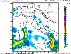 Precipitazioni attese per il primo pomeriggio della giornata di domani dal nostro modello.