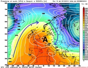 Sinottica a 500hpa prevista da GFS per il 28 Dicembre, l'alta pressione domina ancora la scena Europea favorendo però la discesa di aria più fredda sull'Europa Orientale.