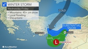 Situazione meteo attesa in Turchia dalla giornata di oggi sino a quella di Venerdi a cura di AccuWeather. Fonte: https://www.accuweather.com/en/weather-news/late-week-burying-snow-soaking-rain-to-target-south-central-turkey/70000327