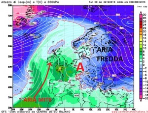 Temperature alla quota di 850hpa previste da GFS00z per la giornata di Mercoledi 28 , l'alta pressione in questo caso puntando verso il Regno Unito favorirebbe un interessamento anche della nostra penisola agli sbuffi di aria fredda in discesa sull'Europa orientale.