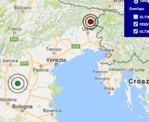 Terremoto oggi Friuli e Veneto 22-12-2016 scosse M 3.0 e 2.8 province Rovigo ed Udine - Dati Ingv ora