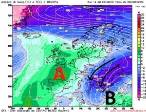 Temperature alla quota di 850hpa (1500metri) previste dall'emissione 12z di GFS per il 30 Dicembre, ovvero i giorni immediatamente successivi all'inizio dell'avvezione d'aria fredda sull'Italia. Notare come l'alta pressione sia un elemento sempre presente a scala Europea.