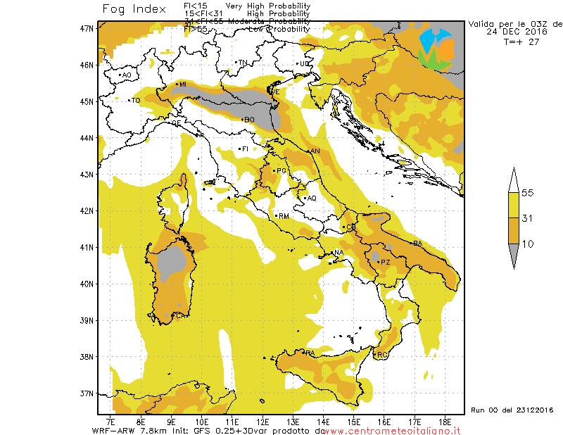 Formazioni di nebbie e foschie previste nella prossima notte sull'Italia