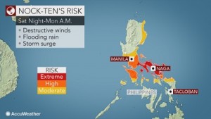 Principali rischi dovuti al Tifone lungo le Filippine. Fonte: http://www.accuweather.com/en/weather-news/strengthening-nock-ten-to-threaten-lives-property-in-philippines-on-christmas/70000365