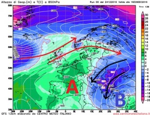 Temperature previste alla quota di 1500metri per Giovedi 29 Dicembre secondo il modello GFS il sud Italia si troverà maggiormente esposto a queste correnti d'aria fredda da nordest mentre l'alta pressione rimane sempre una figura ben presente ad ovest sbarrando la strada alle perturbazioni Atlantiche. 