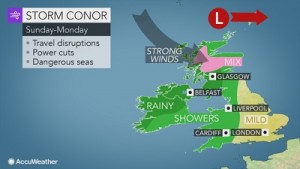 Condizioni attese durante la giornata di domani sul Regno Unito. Fonte: http://www.accuweather.com/en/weather-news/storm-conor-to-lash-uk-on-christmas-and-boxing-day/70000371