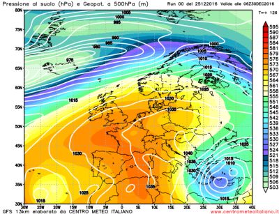 Analisi modelli Gfs00Z, calo termico confermato sulle regioni meridionali. Anticiclone in rinforzo sui settori centrali europei 25 dicembre 2016