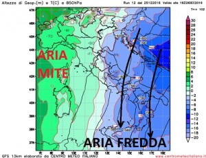 Temperature a 1500metri previste da GFS per la serata di Giovedi, il Sud Italia in questa seconda fase verrà interessata da forti correnti da nordest e un marcato calo delle temperature, mentre sulle regioni del nord Italia e alto Tirreniche prevarrà una massa d'aria più mite.