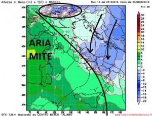 Temperature alla quota di 1500metri previste da GFS nella notte fra Martedi e Mercoledi durante la prima fase dell'irruzione d'aria fredda. Notare come l'aria fredda andrà interessando maggiormente le aree del medio e basso Adriatico e di nordest, mentre il lato nordoccidentale Italico rimarrà interessato ancora da una massa d'aria prettamente mite.