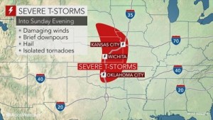 Rischio di temporali di forte intensità attesi nelle aree dell'Oklahoma, Kansas e Nebraska colorate in rosso. Fonte: https://www.accuweather.com/en/weather-news/christmas-severe-weather-episode-may-threaten-lives-from-texas-to-iowa/70000354