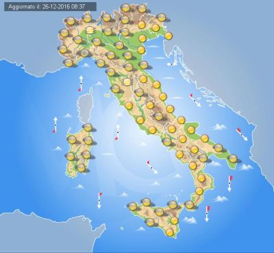 Meteo Santo Stefano, stabile e soleggiato quasi ovunque. Nebbie o locali foschie presenti al Centro-Nord oggi 26 dicembre 2016