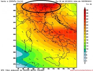 Venti in quota previsti dal modello GFS per il pomeriggio di domani.