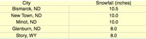 Centimetri di neve accumulati in alcune cittadine del Norh Dakota. Fonte: http://www.accuweather.com/en/weather-news/reports-blizzard-creates-dangerous-travel-in-central-us-on-christmas-day/70000382