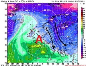 Temperature previste dal modello americano GFS per la serata di domani, si noti l'alta pressione sempre stabile sull'Europa occidentale e l'irruzione di aria fredda su quella orientale i cui sbuffi interessano marginalmente anche le zone orientali Italiane.