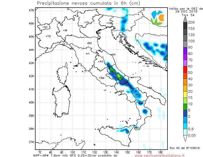 Neve prevista dal nostro modello WRF per la notte tra Mercoledì e Giovedì Neve prevista dal nostro modello WRF per la notte tra Mercoledì e Giovedì