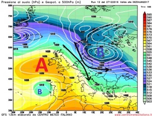 Configurazione sinottica prevista da GFS 12z per Mercoledi 4 Gennaio 2017. l'Alta pressione viene spinta verso l'Europa spingendo correnti nordoccidentali sulla nostra Penisola. Clima freddo ma stabile e senza piogge.