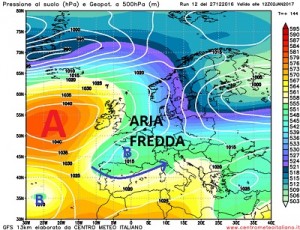Configurazione sinottica prevista dall'emissione 12z di GFS per Lunedi 2 Gennaio 2017. L'alta pressione interessa l'area nord Atlantica favorendo la discesa verso sud di un vasto fronte d'aria fredda