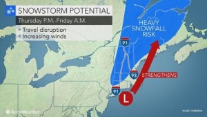 Area a maggior rischio di forti nevicate fra Giovedi 29 e Venerdi 30 Dicembre. Fonte : http://www.accuweather.com/en/weather-news/late-week-coastal-storm-to-spread-rain-snow-across-northeastern-us/70000387