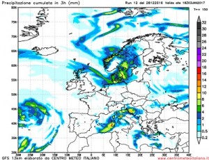 Precipitazioni attese in Europa il 3 Gennaio 2017. In italia le piogge interesserebbero maggiormente le regioni centrali e la Sardegna.