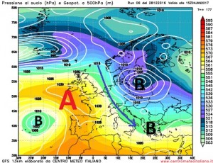 Configurazione prevista da GFS per il 4 Gennaio, la perturbazione una volta transitata sull'Italia sarebbe seguita da fredde e secche correnti nordoccidentali spinte da un ritorno dell'alta pressione sull'Europa occidentale, ne deriverebbe un tipo di tempo nella seconda metà della prossima settimana nuovamente stabile su tutta la Penisola ma più freddo.
