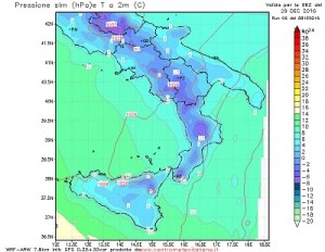 Temperature al suolo previste dal nostro WRF per l'alba di domani al sud Italia, previsti valori vicini o localmente sotto lo zero nelle aree interne e appenniniche.