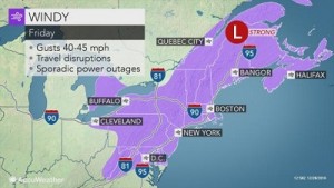 Aree più colpite dalle forti raffiche di vento nella giornata di domani. La velocità prevista è di 40 e 45mph che corrispondono a 65 e 70km/h circa. Fonte: http://www.accuweather.com/en/weather-news/blizzard-to-blast-new-england-as-storm-snarls-travel-in-mid-atlantic/70000402