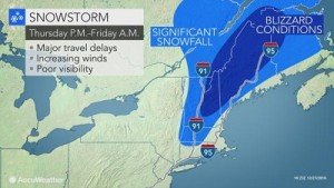 Aree dove sono previste forti nevicate e Blizzard fra Giovedi 29 e Venerdi 30 Dicembre secondo Accuweather. Fonte: http://www.accuweather.com/en/weather-news/blizzard-to-blast-new-england-as-storm-snarls-travel-in-mid-atlantic/70000402