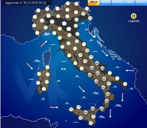 Il tempo previsto sull'Italia nella notte di San Silvestro. Previsioni a cura del Centro Meteo Italiano.