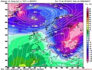 l'Irruzione d'aria fredda prevista da GFS 12z per l'Epifania sui paesi dell'Europa orientale immediatamente adiacenti all'Italia.