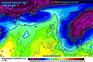 Temperature previste alla quota di 1500metri per l'Epifania. Notare come i valori più bassi, dove è presente la -20°C in quota, rimarrebbero confinati sull'Europa centro orientale.