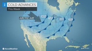 La traiettoria dell'ondata di gelo artico canadese prevista colpire questa settimana gran parte degli Stati Uniti centro settentrionali. Fonte: http://www.accuweather.com/en/weather-news/us-artict-cold-blast-to-spread-from-coast-to-coast-during-first-week-of-2017/70000435