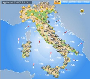 Previsioni attese per il pomeriggio del 5 Gennaio, a cura del Centro Meteo Italiano.