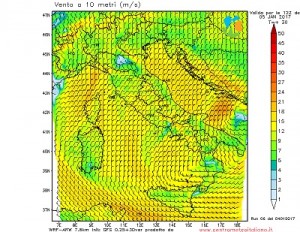 Direzione ed intensità dei venti attesi per il primo pomeriggio di domani in Italia dal nostro WRF su base GFS.