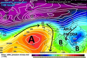 Proiezione di ECMWF00z a 144ore, l'alta pressione rinforza in Atlantico favorendo la discesa da nord sul Mediterraneo di un'impulso instabile con centro depressionario sul Mar Tirreno, ad est l'aria fredda sempre ben presente sbarra la strada alle correnti occidentali che scorrono a latitudini più alte.