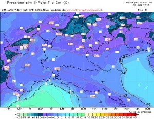 Temperature previste per domattina alle prime ore dell'Alba dal nostro WRF su base GFS. Notare i valori ampiamente sottozero ovunque anche in pianura.