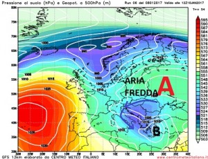 Configurazione prevista per la giornata di Martedi, la costruzione di un anticiclone termico sull'Europa nord orientale favorirebbe il ritorno di correnti artiche verso la nostra Penisola con l'isolamento di una vasta circolazione depressionaria fra centro sud e Balcani.