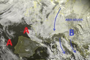 Scatto satellitare europeo relativo a questo pomeriggio, visibile l'afflusso d'aria fredda che persiste su gran parte dell'Europa centro orientale sin sul Mediterraneo provocando nubi e fenomeni d'instabilità nuovamente al centro e al sud.