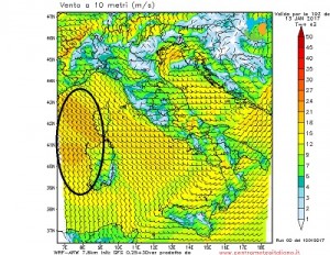 Ventilazione attesa in Italia la serata di domani, evidenziate le forti raffiche di maestrale a ttese sulle coste della Sardegna occidentale.