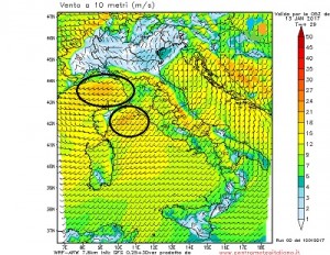 Venti in Italia attesi fra la notte e l'alba di domani, cerchiato in nero le forti raffiche di Libeccio attese fra questa notte e domattina davanti alle coste del Levante Ligure, della Toscana e parte del Lazio.