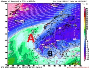 Temperature previste alla quota di 850hpa per la notte fra Lunedi e Martedi in Europa. Notare l'invasione artica da nordest interessare anche il Mediterraneo.